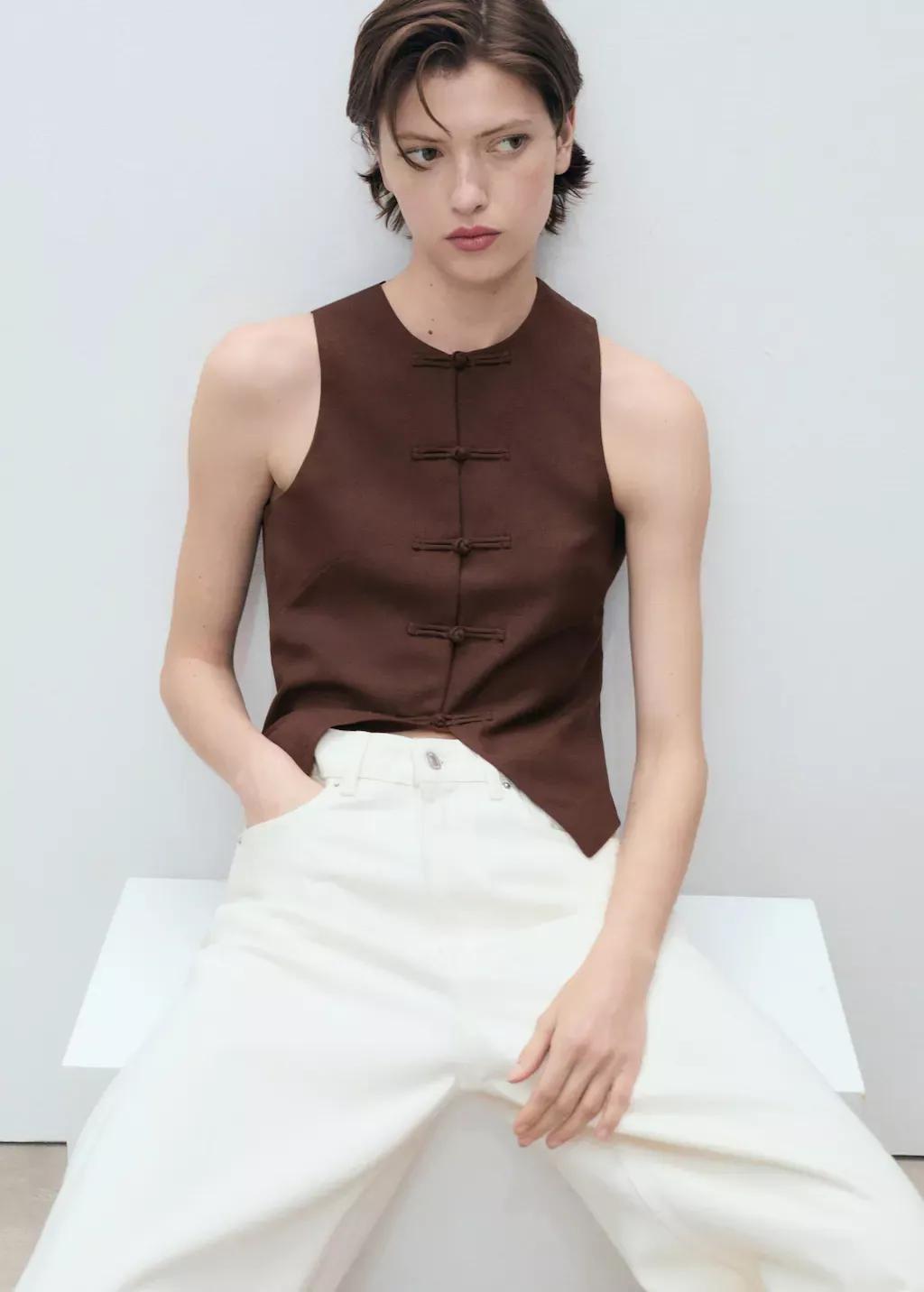 Brown Linen-Blend Suit Waistcoat, , large image number 0