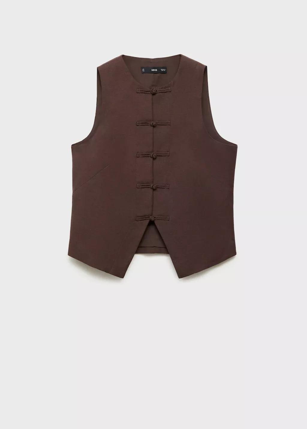 Brown Linen-Blend Suit Waistcoat, , large image number 3