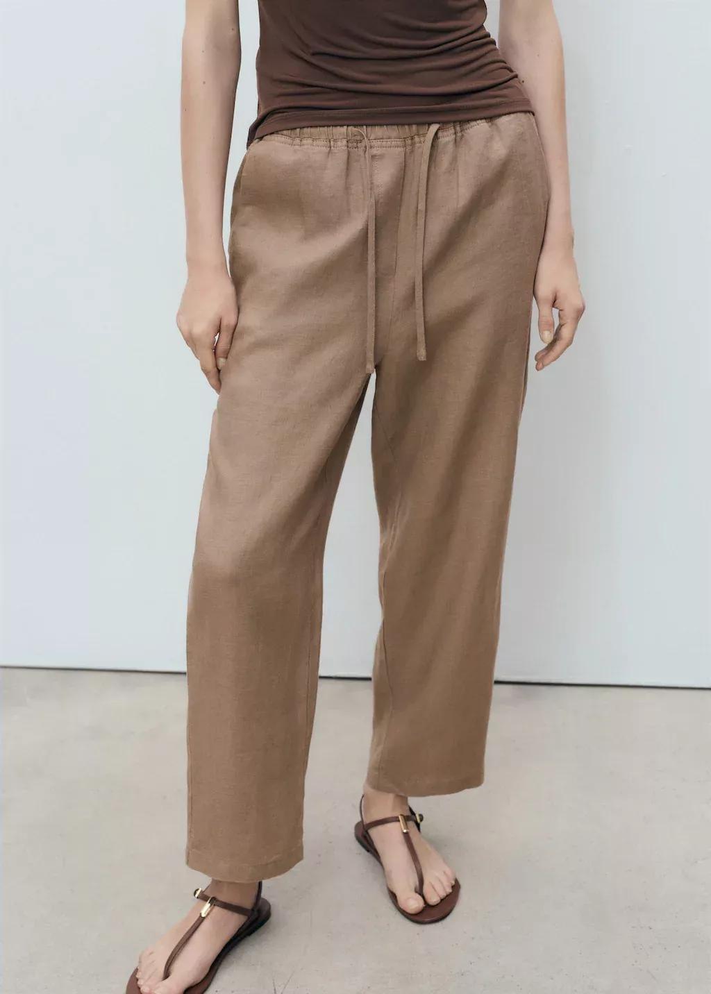 MEDIUM BROWN Linen trousers with drawstring, , large image number 0