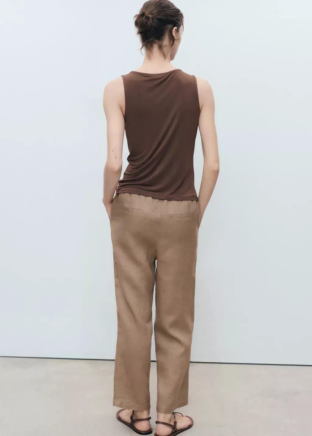 MEDIUM BROWN Linen trousers with drawstring, , large image number 4