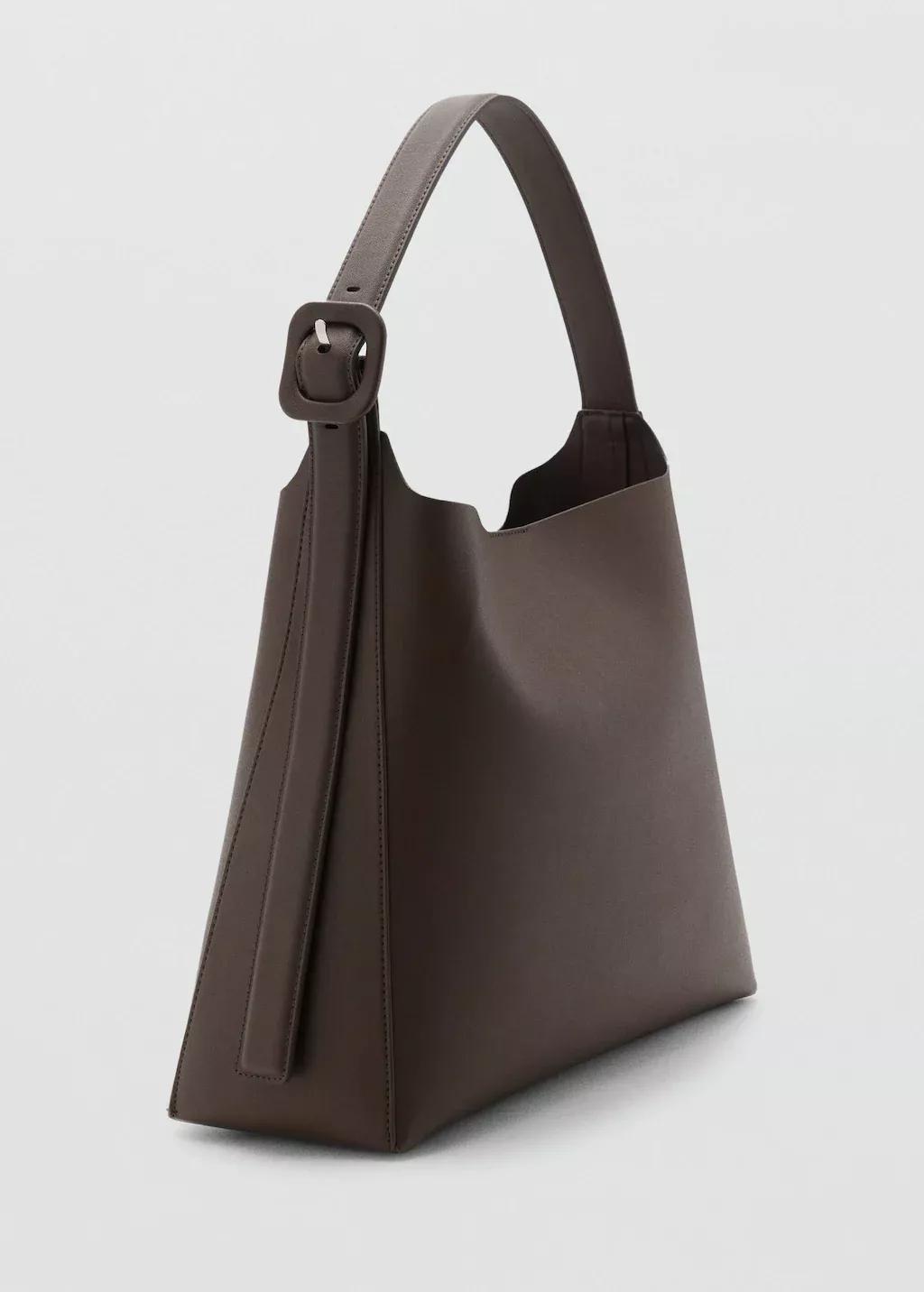 Brown Bucket Bag With Buckle, Dark Brown, medium