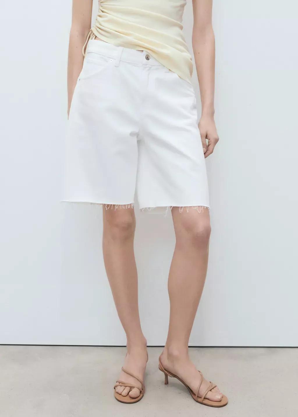 White Frayed Hem Denim Shorts, , large image number 0