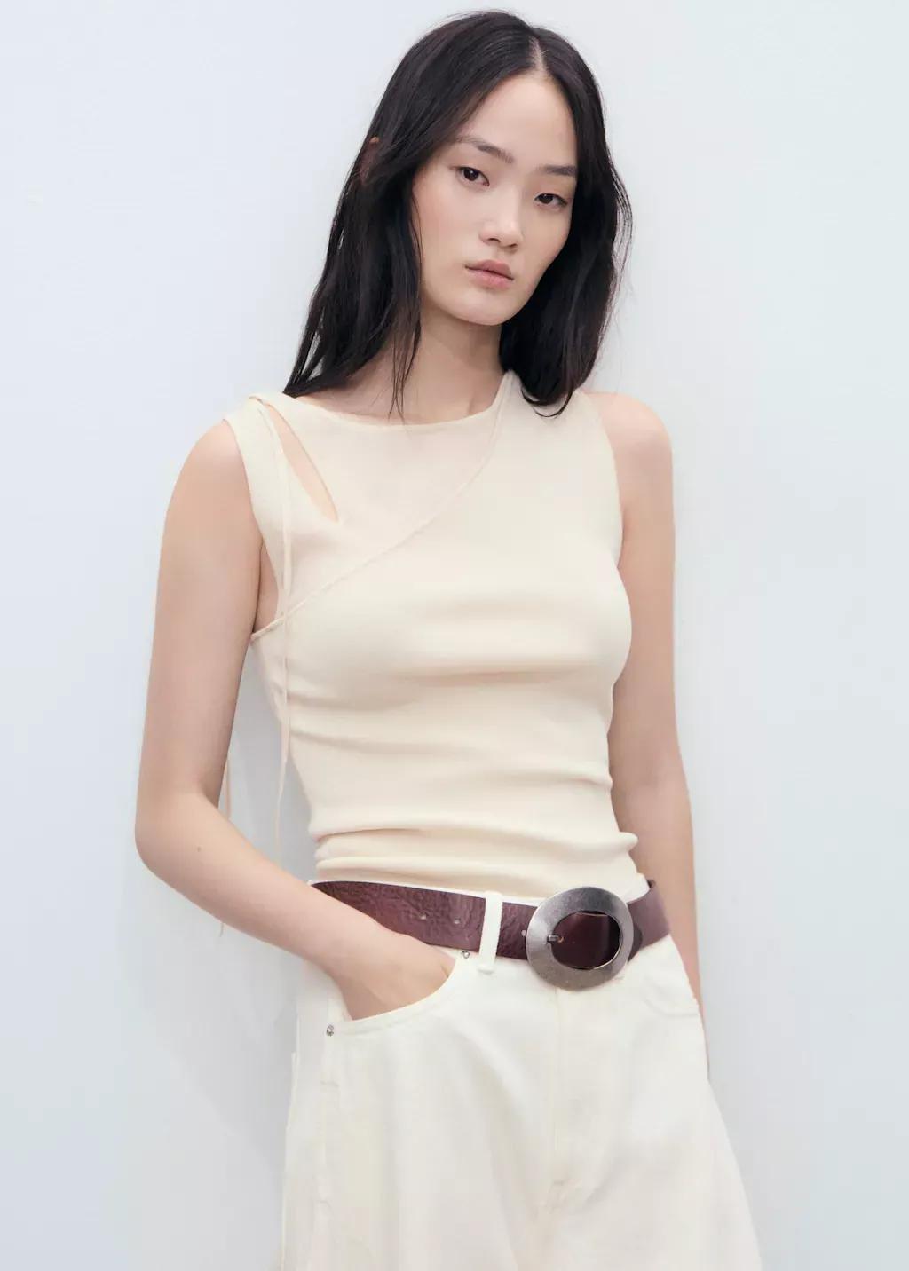 Cream Knitted Top With Cut-Out, Light Beige, large image number 0