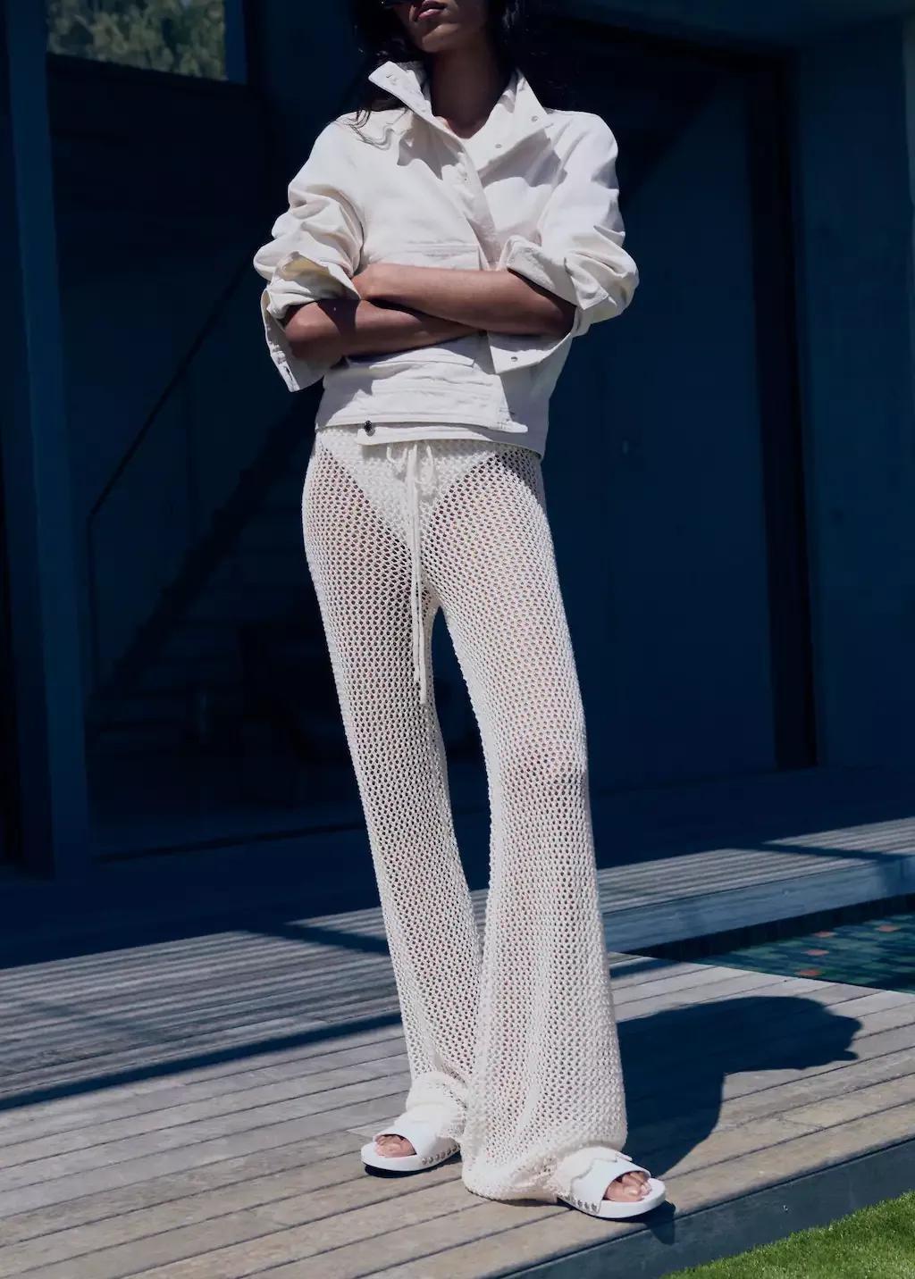 White Crochet Flared Trousers, , large image number 0