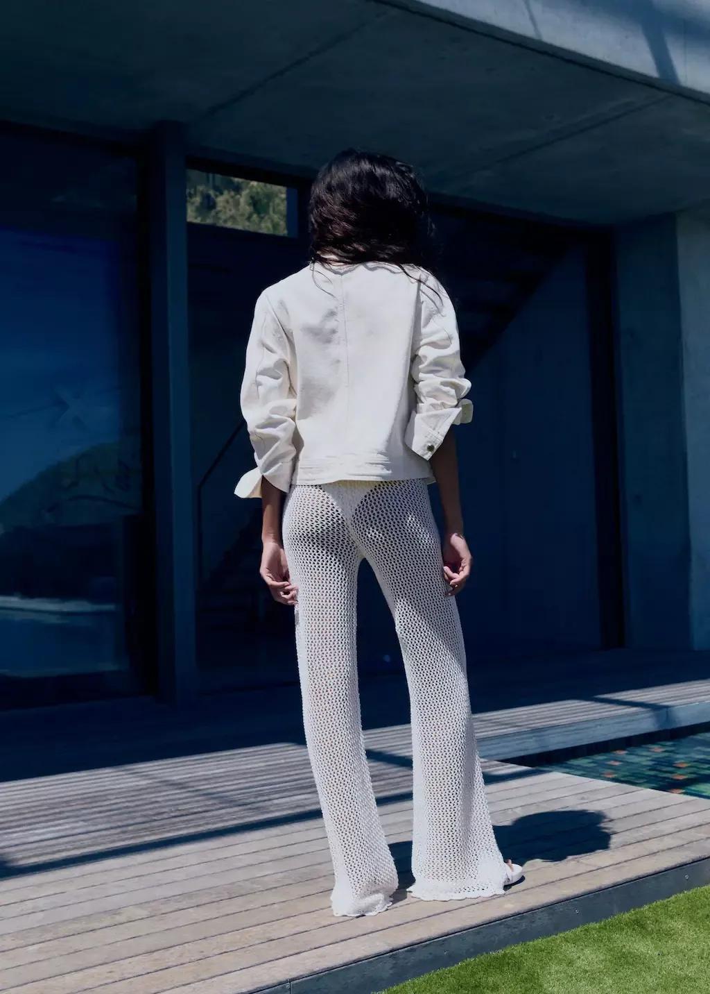 White Crochet Flared Trousers, , large image number 2