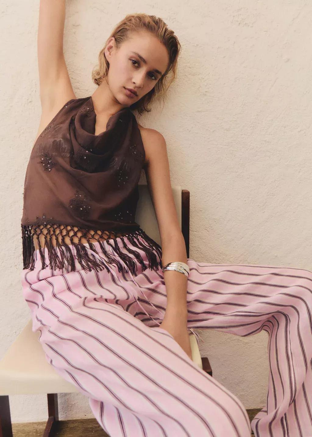 LT-PASTEL PINK Striped ramie trousers, , large image number 0