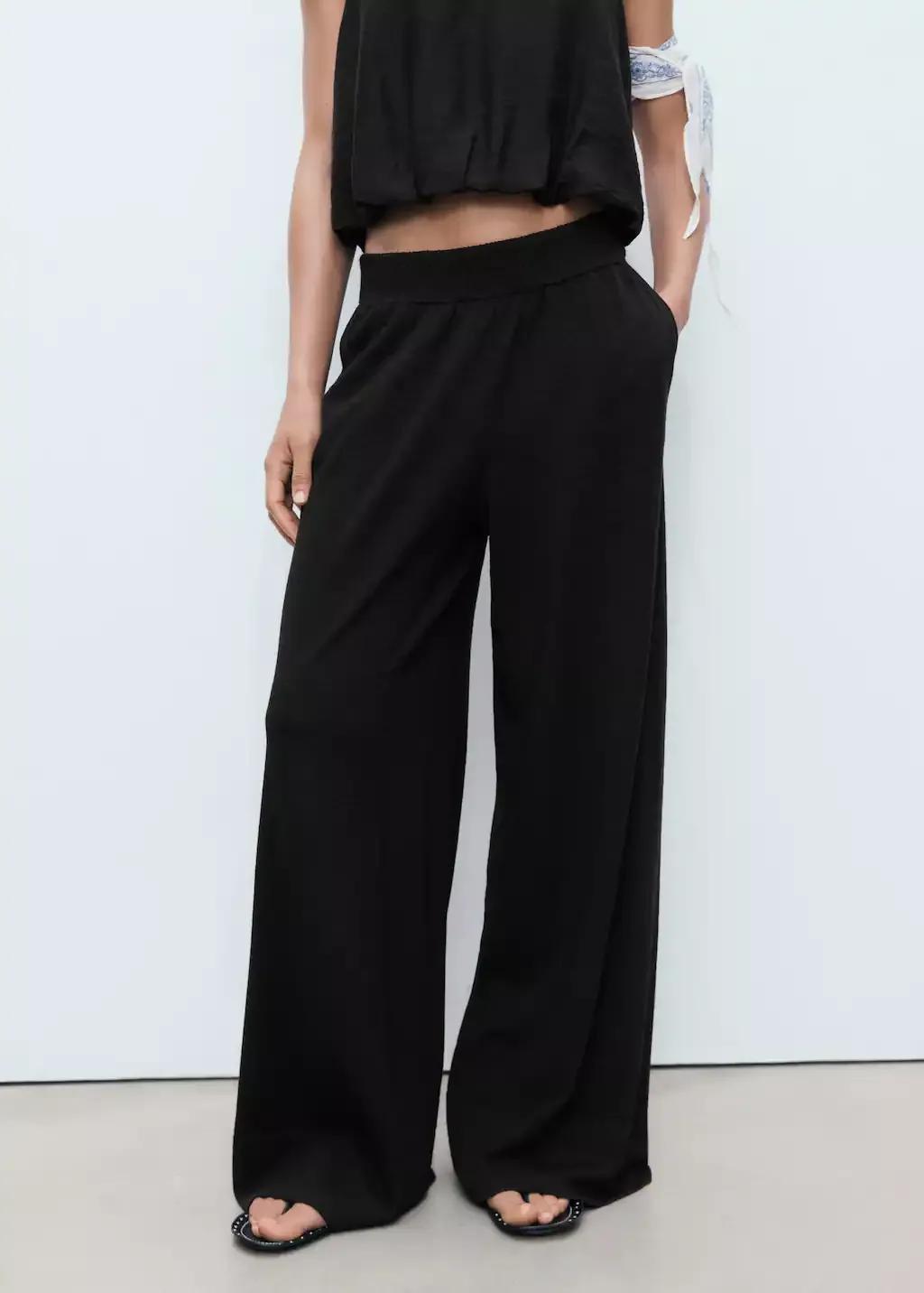 Black Fine-Knit Straight-Fit Trousers, , large image number 1