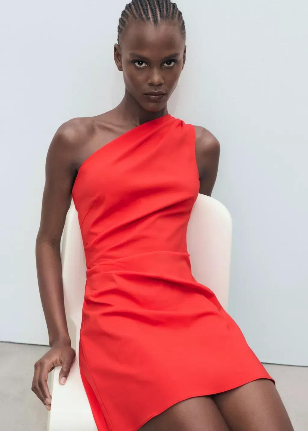 RED Asymmetrical pleated dress, Red, medium