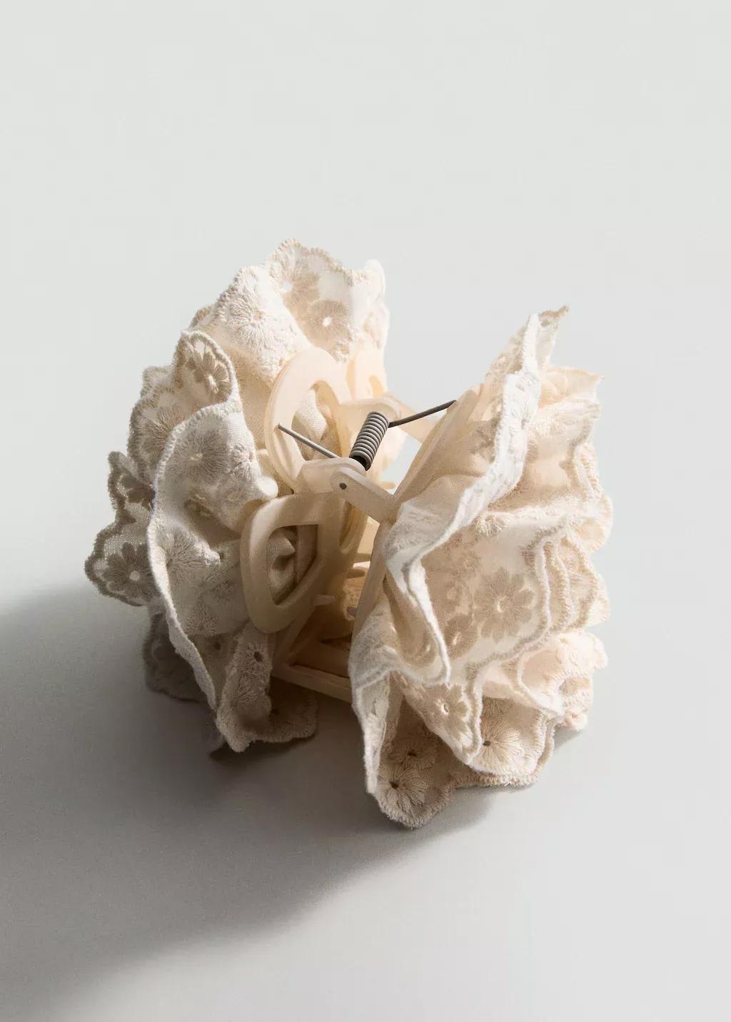 Cream Embroidered Flower Clip, Light Beige, large image number 0