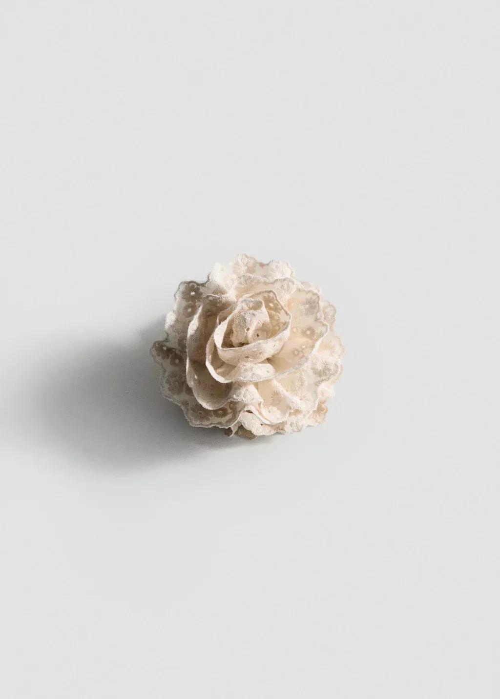 Cream Embroidered Flower Clip, Light Beige, large image number 1