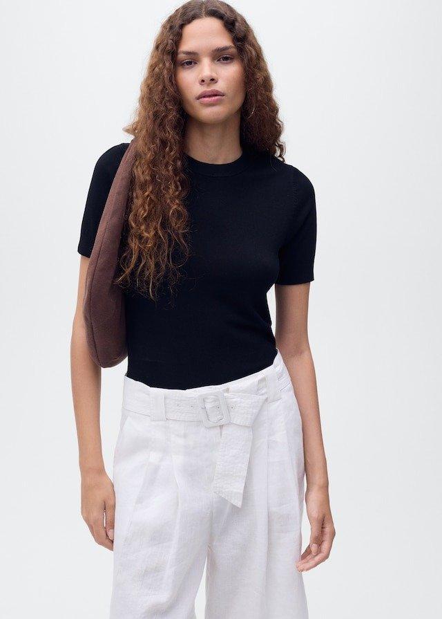 Black Short-Sleeved Fine-Knit Sweater, 0201_99, large image number 0