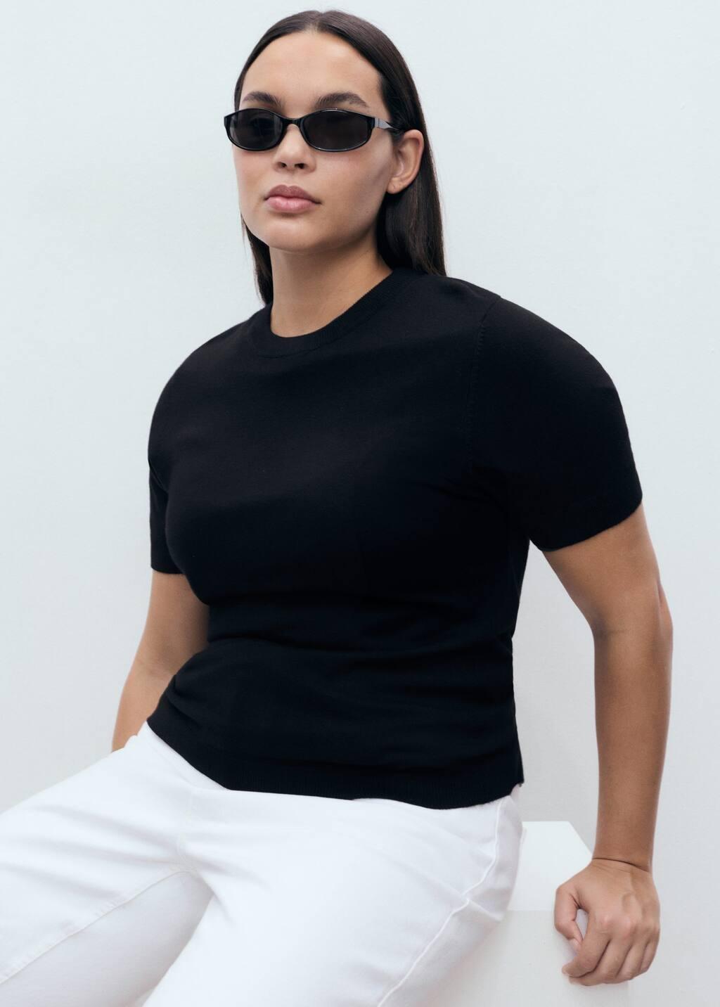 Black Short-Sleeved Fine-Knit Sweater, Black, large image number 11