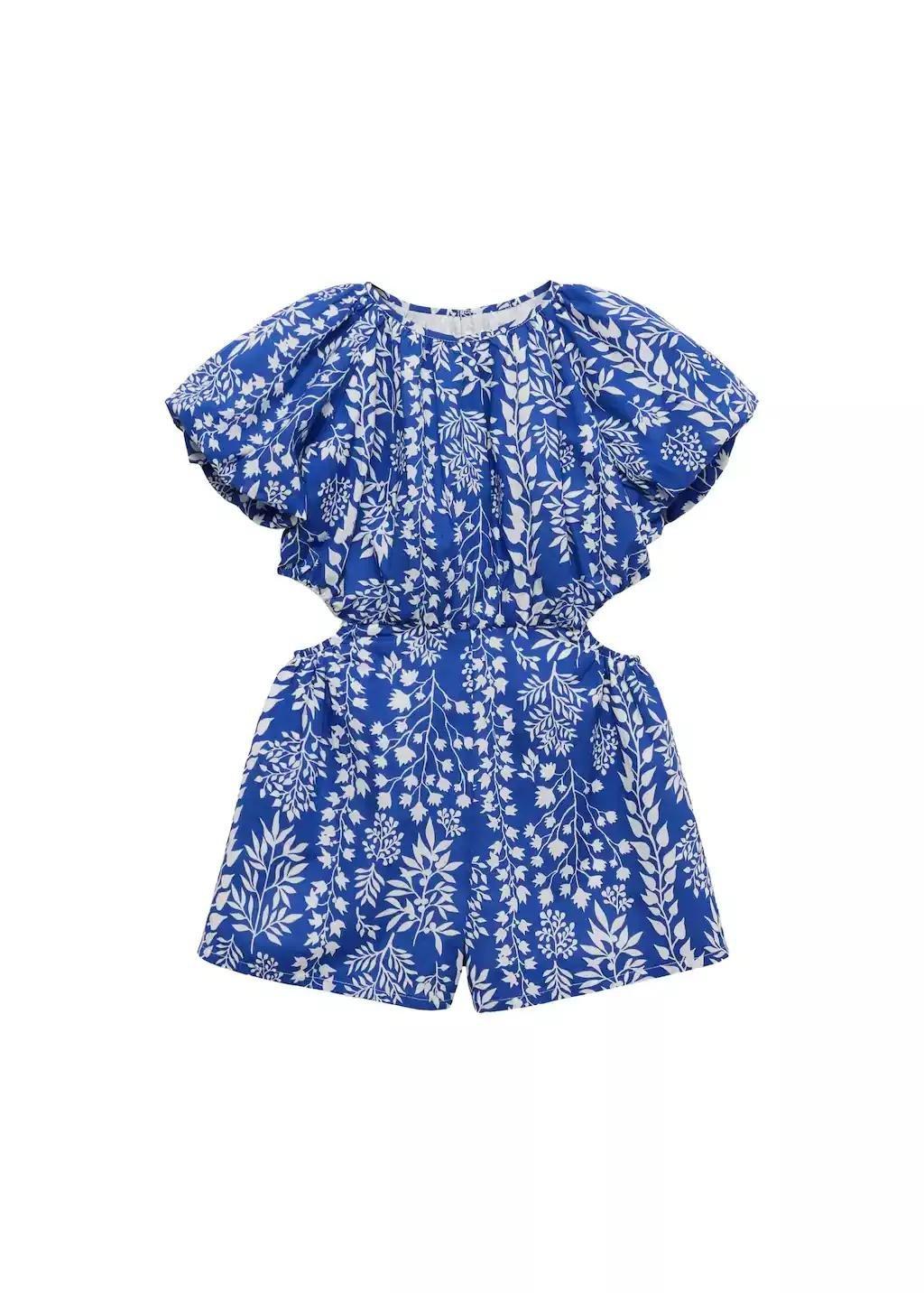 Blue Cotton Print Jumpsuit, Kids Girls, , medium