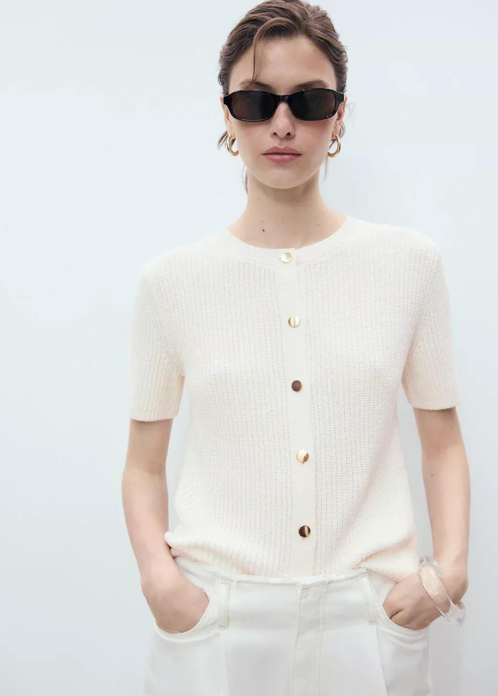 Cream Short-Sleeved Knitted Cardigan, , medium