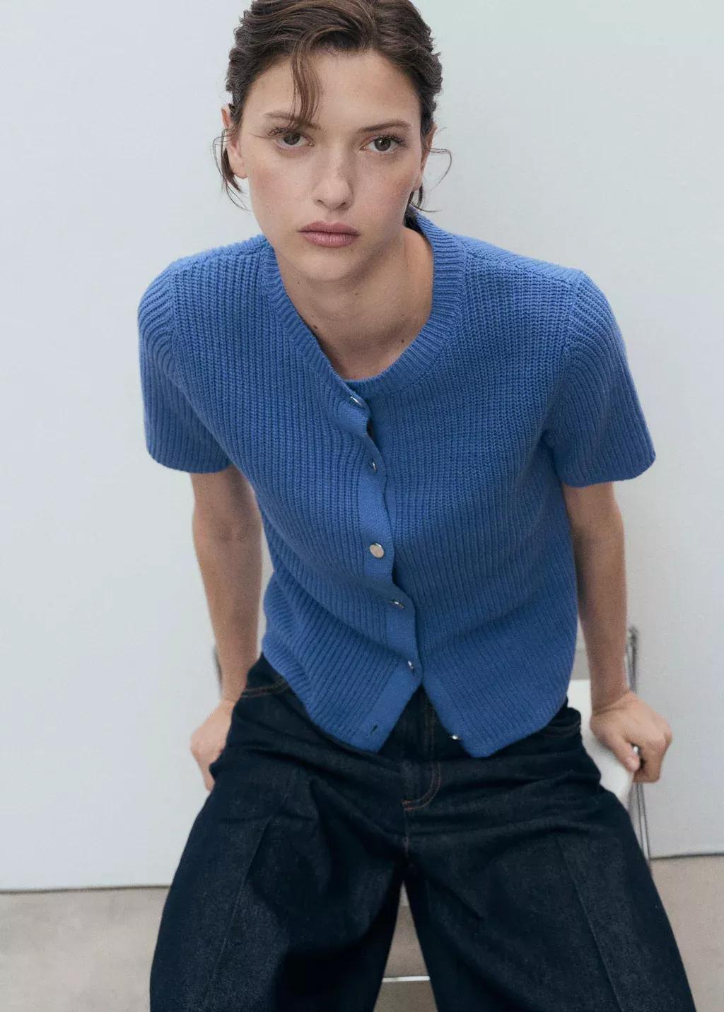 Blue Short-Sleeved Knitted Cardigan, , medium