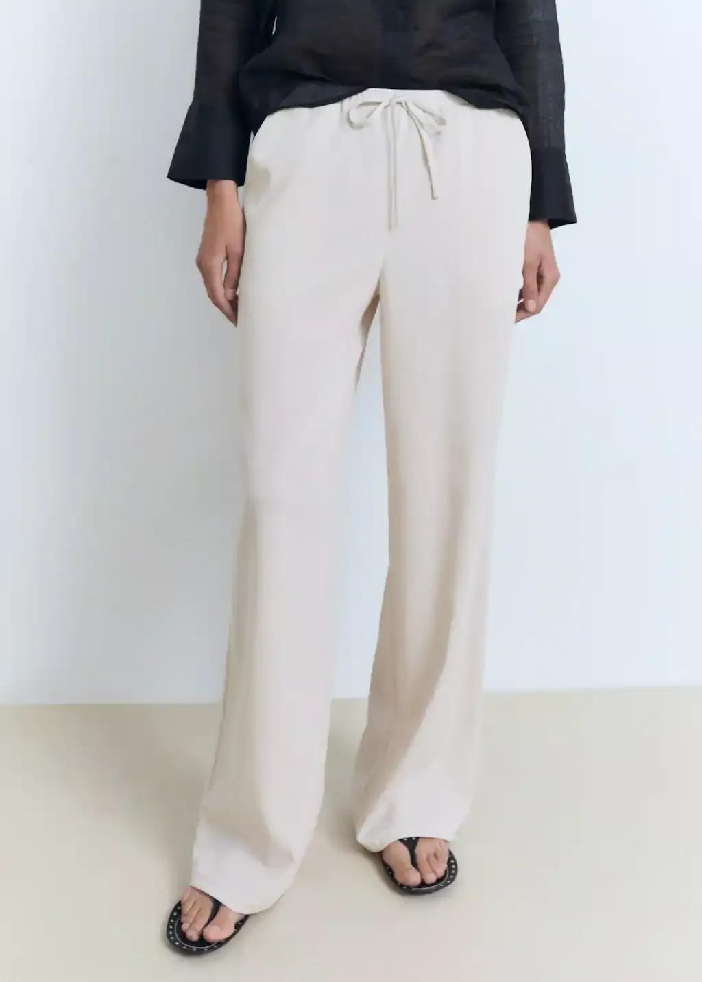 Beige Drawstring Straight Trousers, , large image number 1