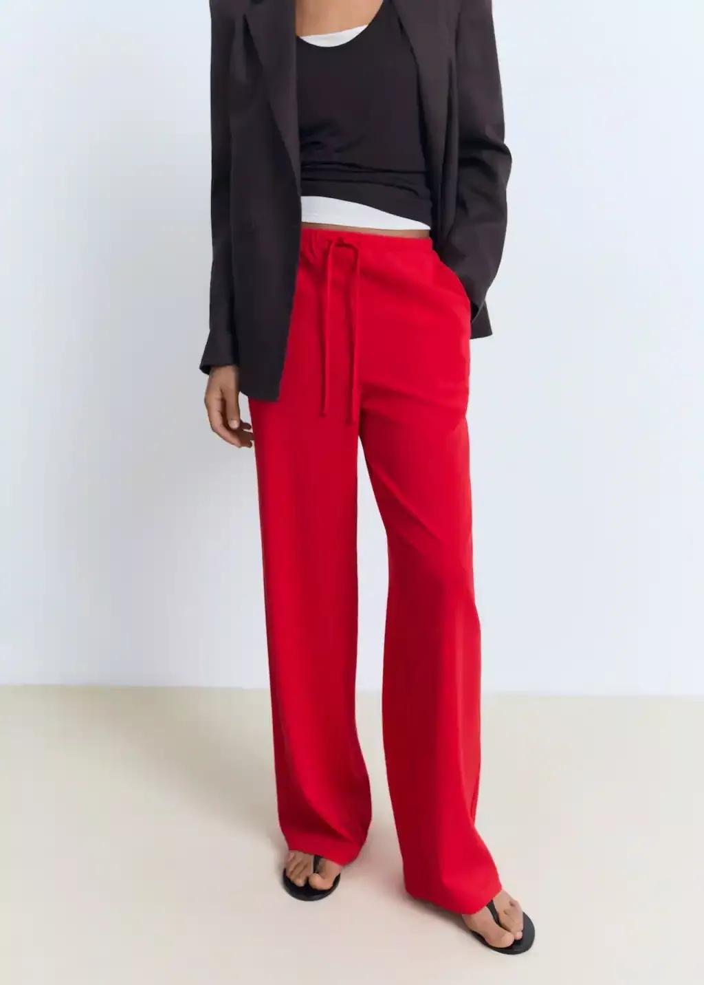 Red Drawstring Straight Trousers, , large image number 0