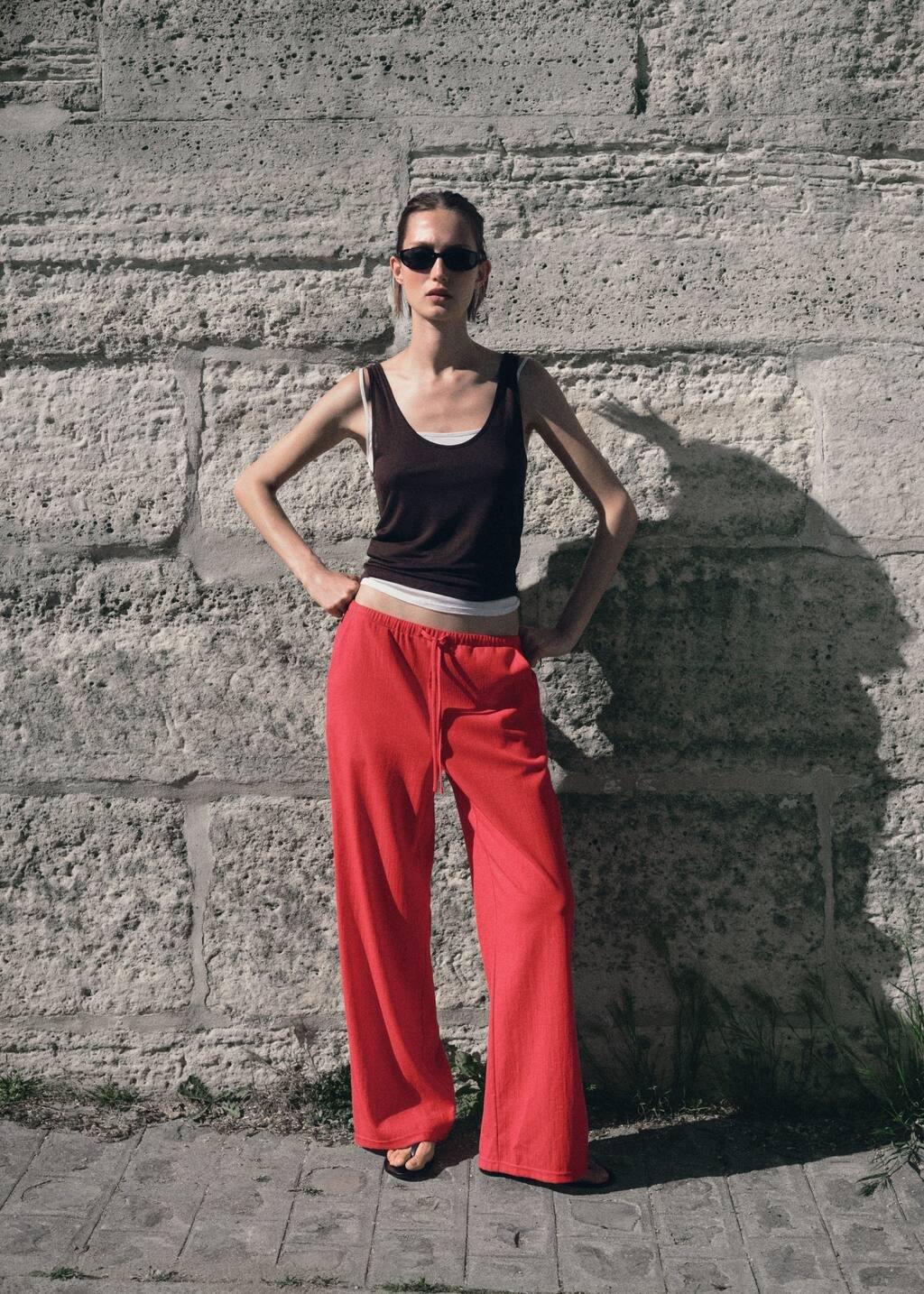 Red Drawstring Straight Trousers, , large image number 4