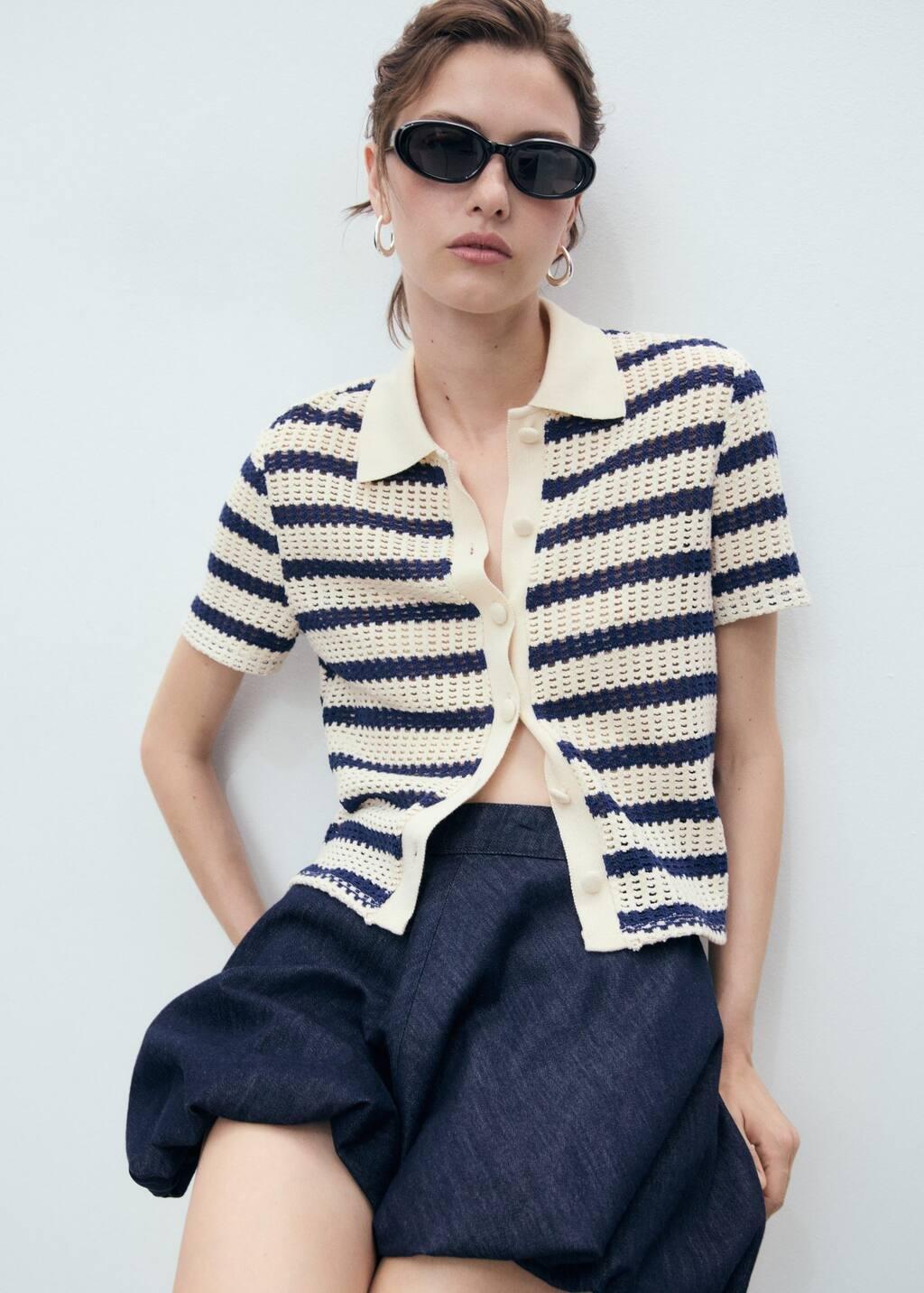 Navy Short Sleeve Striped Cardigan, , large image number 2