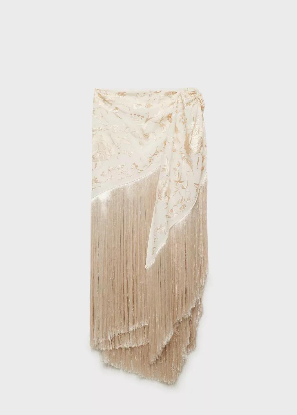 Beige Embroidered Fringe Pareo-Style Skirt, , large image number 0