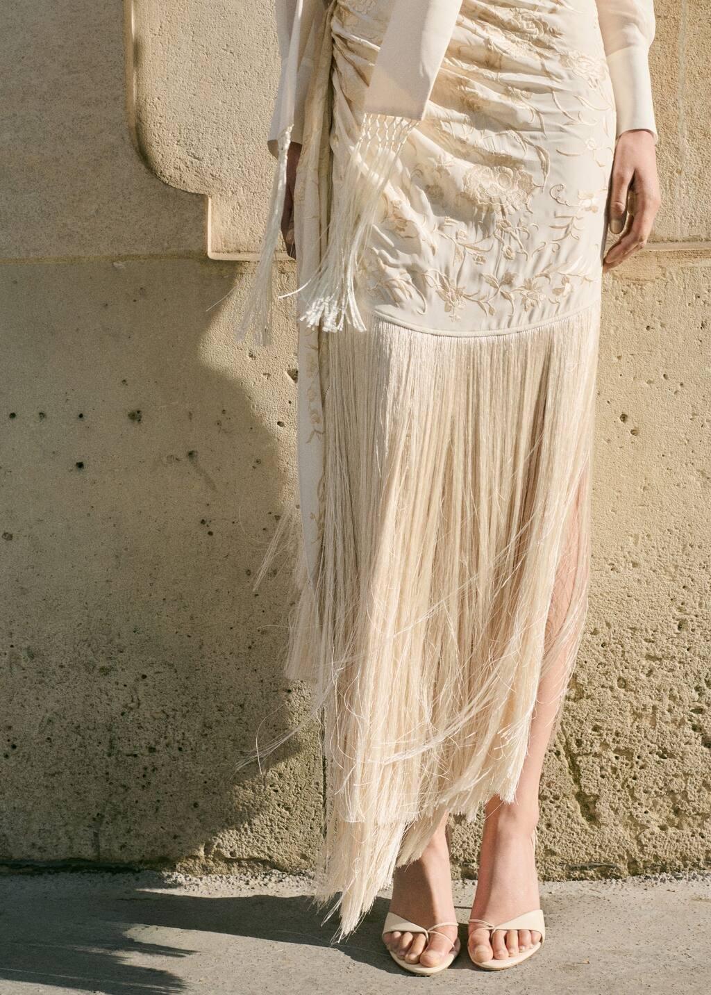 Beige Embroidered Fringe Pareo-Style Skirt, , large image number 1