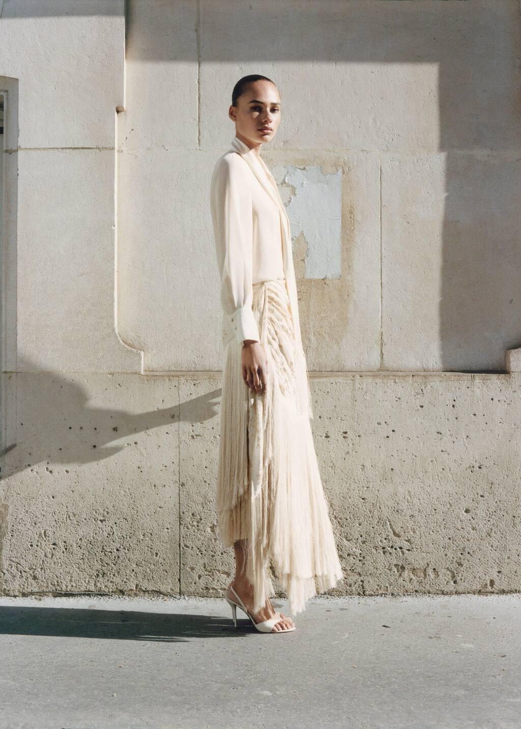 Beige Embroidered Fringe Pareo-Style Skirt, , large image number 2