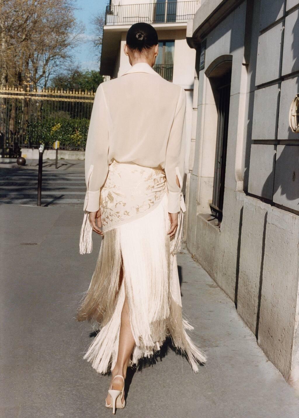 Beige Embroidered Fringe Pareo-Style Skirt, , large image number 4