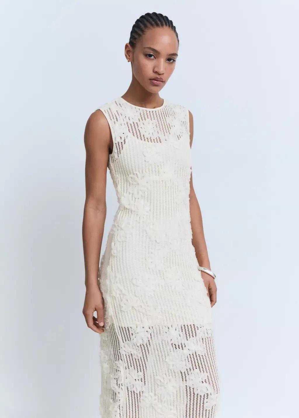 Beige Floral Crochet Dress, , large image number 0