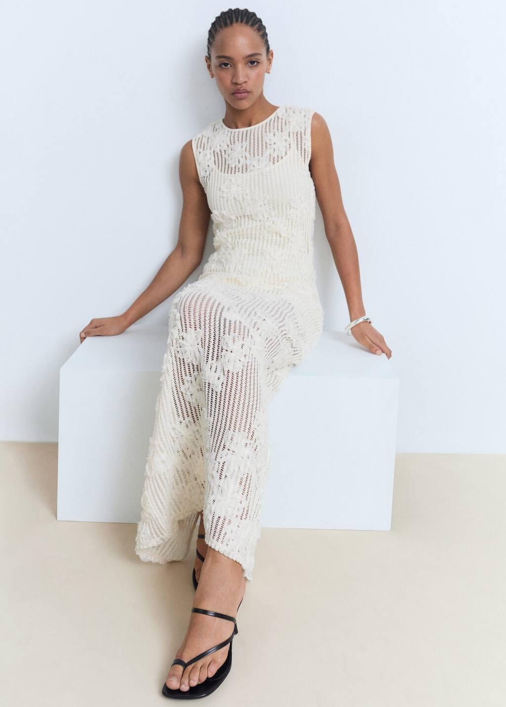 Beige Floral Crochet Dress, , large image number 2