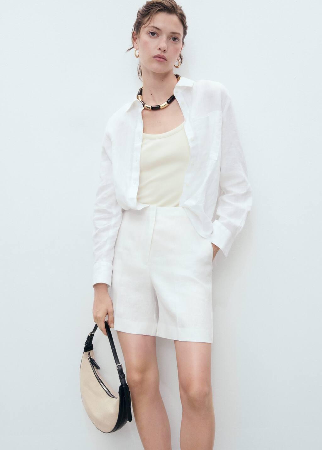 NATURAL WHITE Linen straight-fit mid-rise shorts, , large image number 1