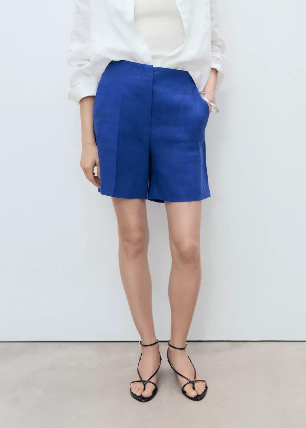 MEDIUM BLUE Linen straight-fit mid-rise shorts, , large image number 0