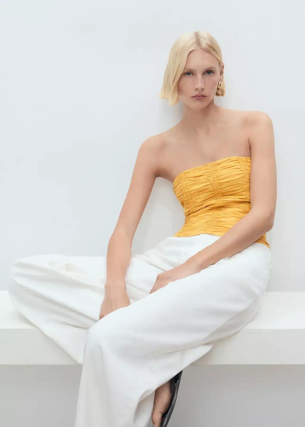 Yellow Ruched Strapless Top, , large image number 2