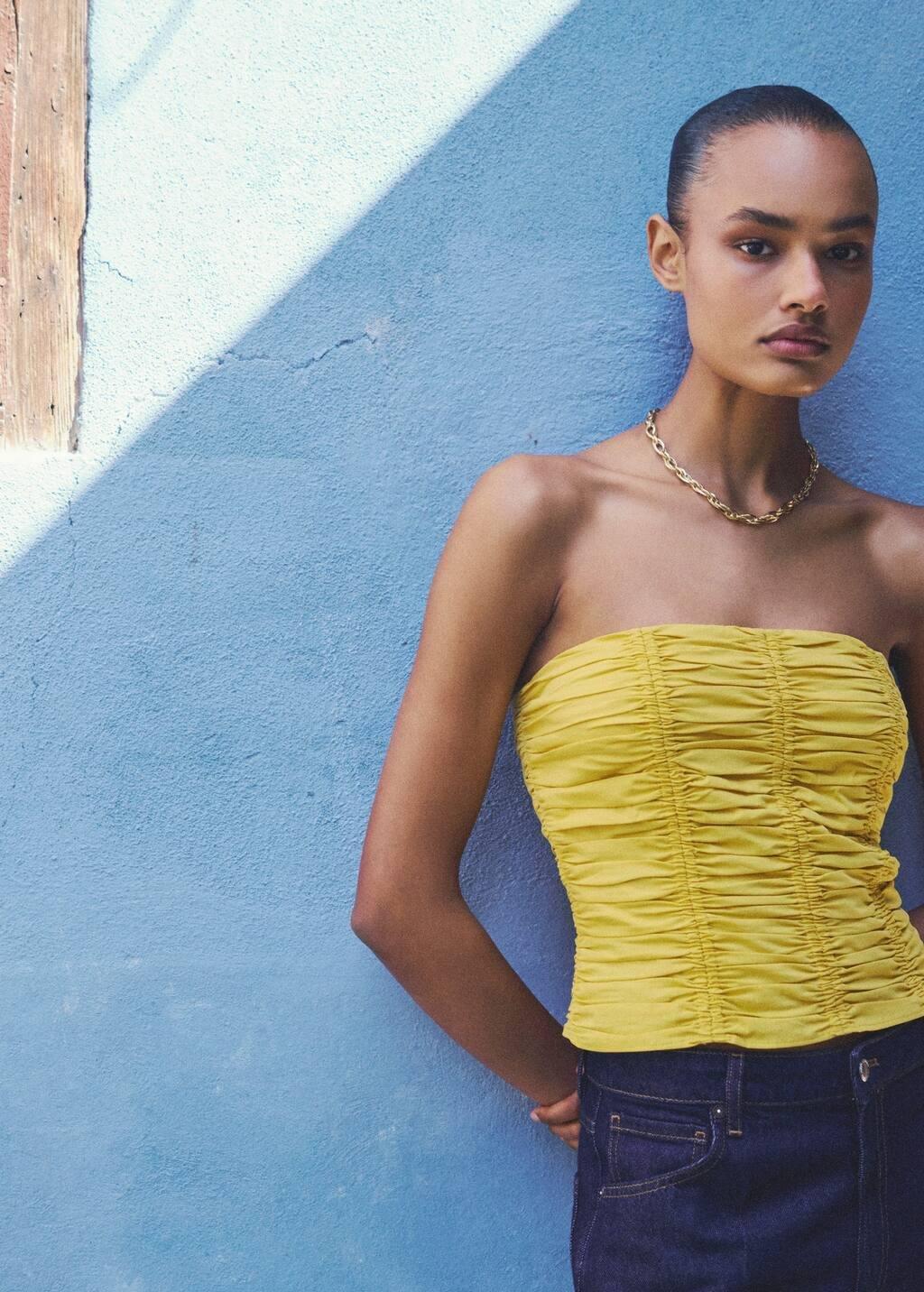 Yellow Ruched Strapless Top, , large image number 4