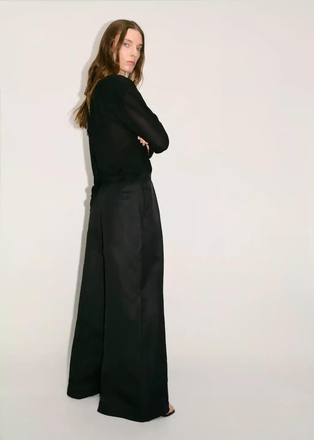 Black Wideleg Pleated Trousers, , large image number 6