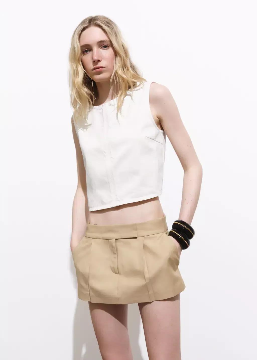 NATURAL WHITE Denim crop top with buckle closure, Natural White, medium