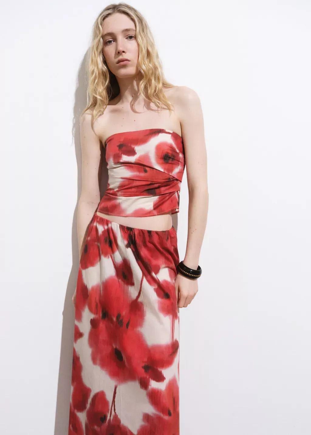 Red Floral Print Bandeau Top, , large image number 0