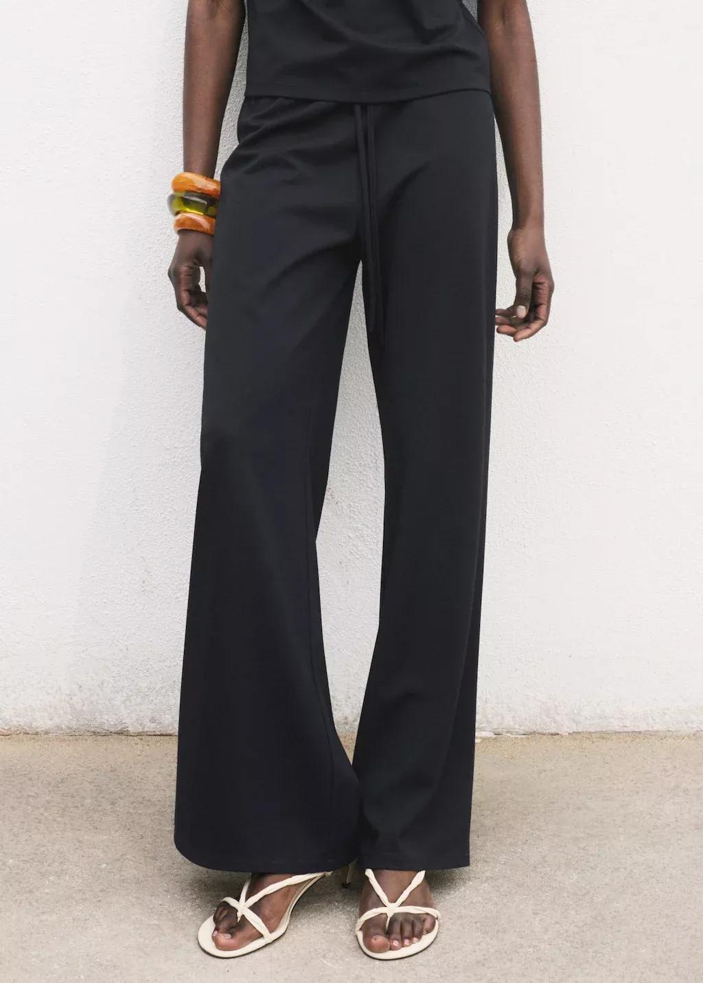 Navy Wide Leg Trousers With Elastic Waist, Navy, large image number 1