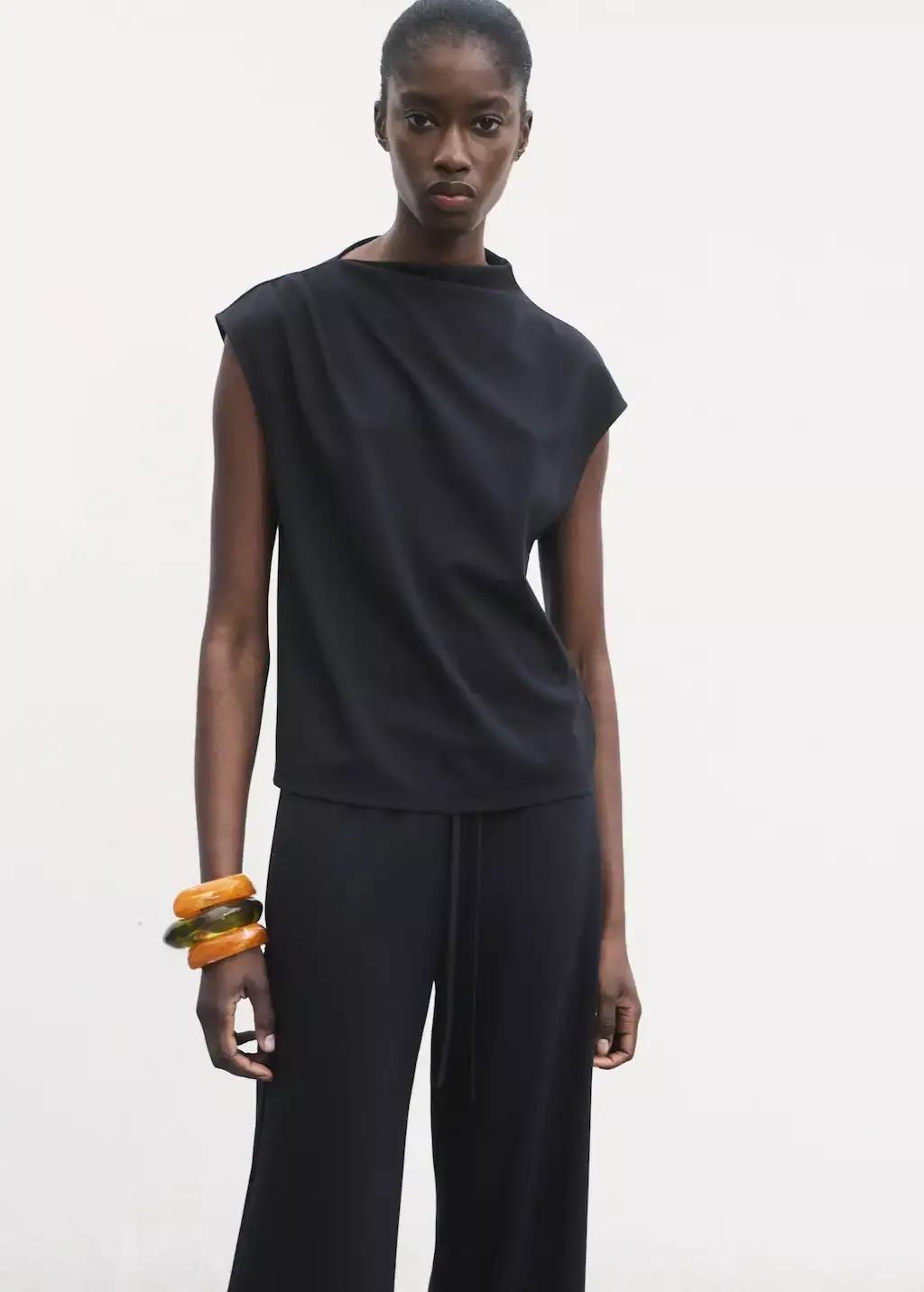 Navy Wide Leg Trousers With Elastic Waist, Navy, large image number 2