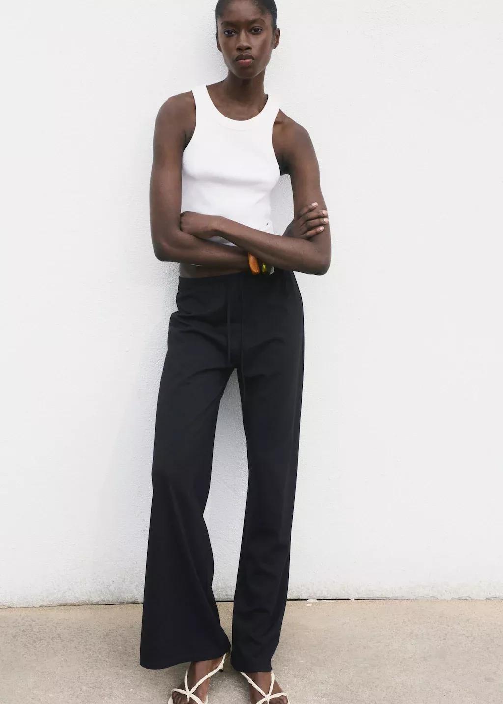 Navy Wide Leg Trousers With Elastic Waist, Navy, large image number 3