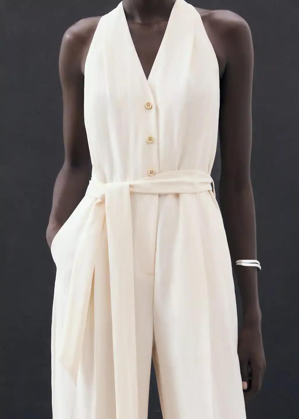 Beige Halter-Neck Jumpsuit With Belt, Light Beige, large image number 5