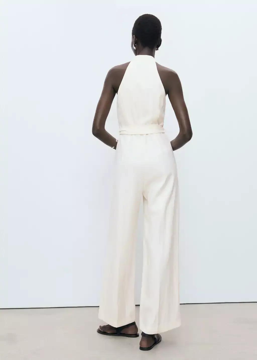 Beige Halter-Neck Jumpsuit With Belt, Light Beige, large image number 6