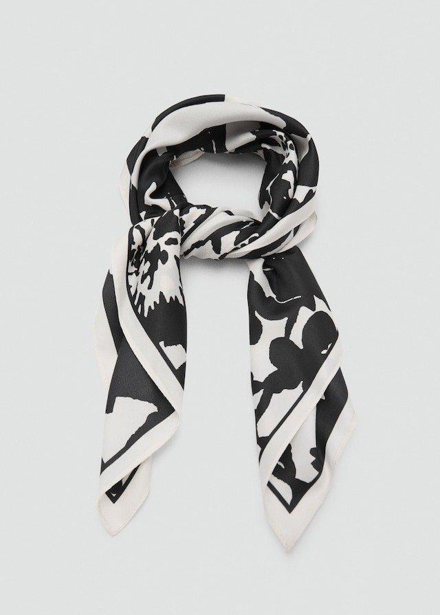 Black Floral-Print Satin Scarf, 0201_99, large image number 1