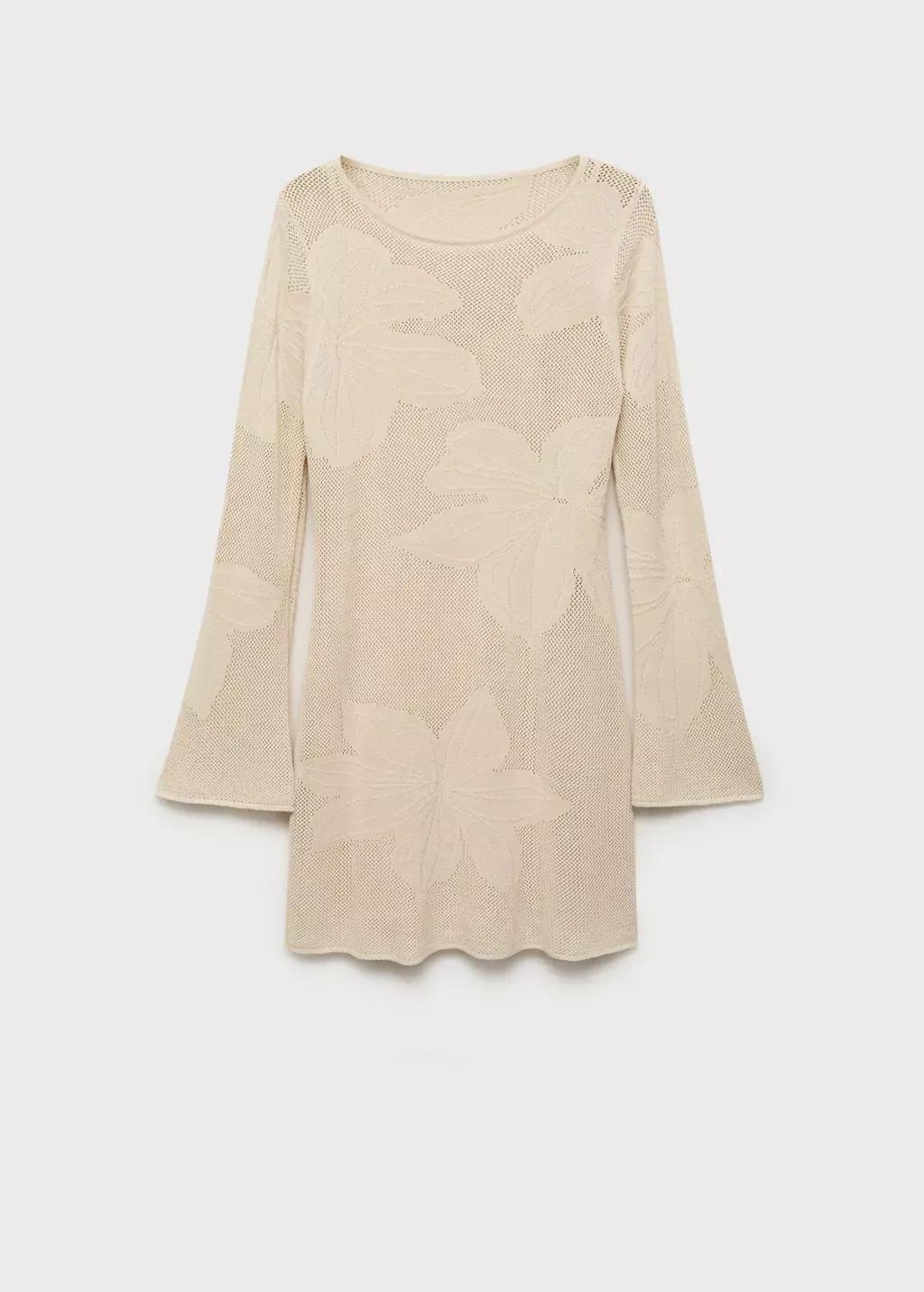 Beige Knitted Dress With Embroidered Flowers, , large image number 0