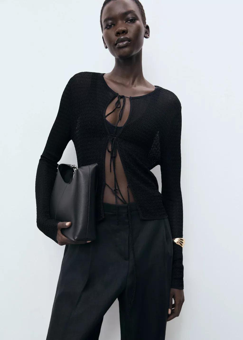 Black Knitted Cardigan With Ties, Black, medium