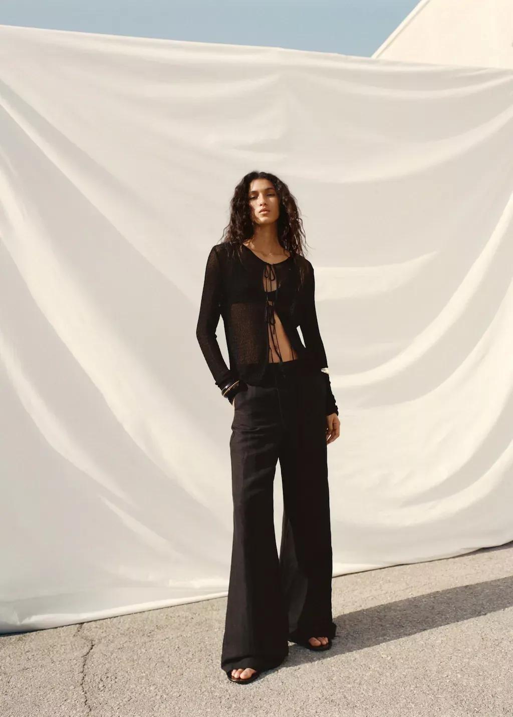 Black Knitted Cardigan With Ties, Black, large image number 5