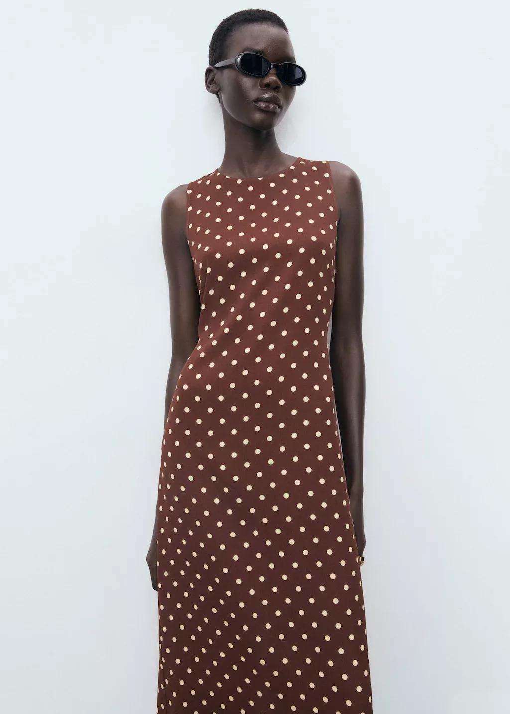 Brown Polka Dot Midi Dress, Brown, medium