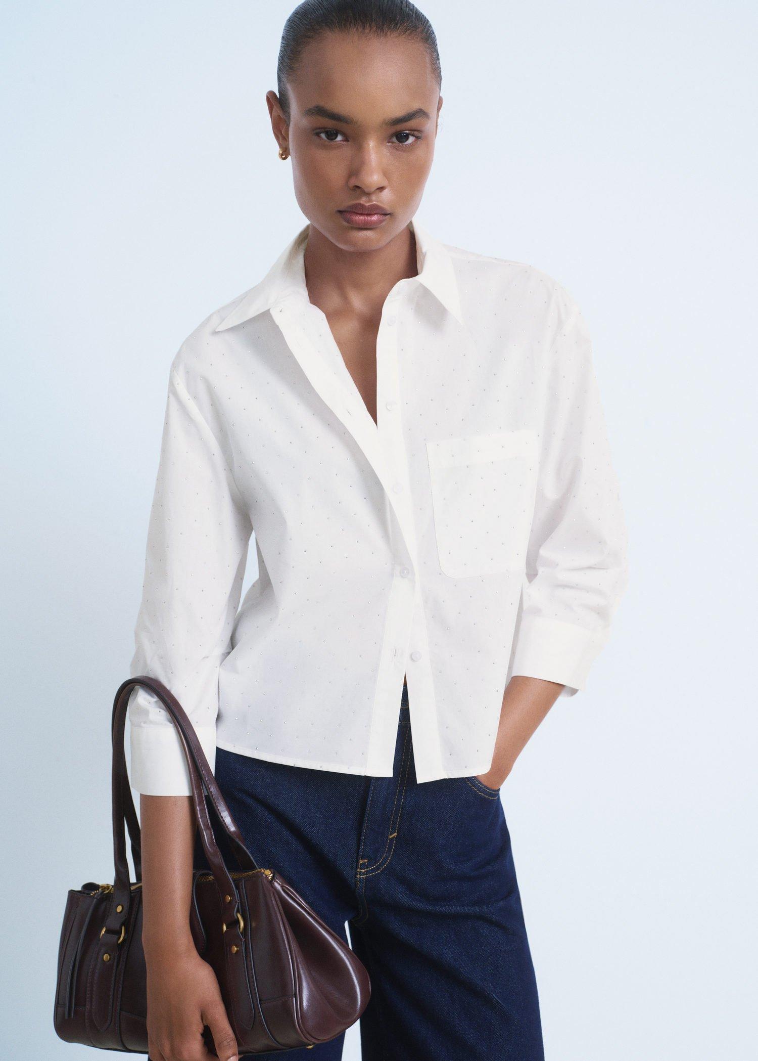 White Rhinestone Cropped Shirt, , large image number 0