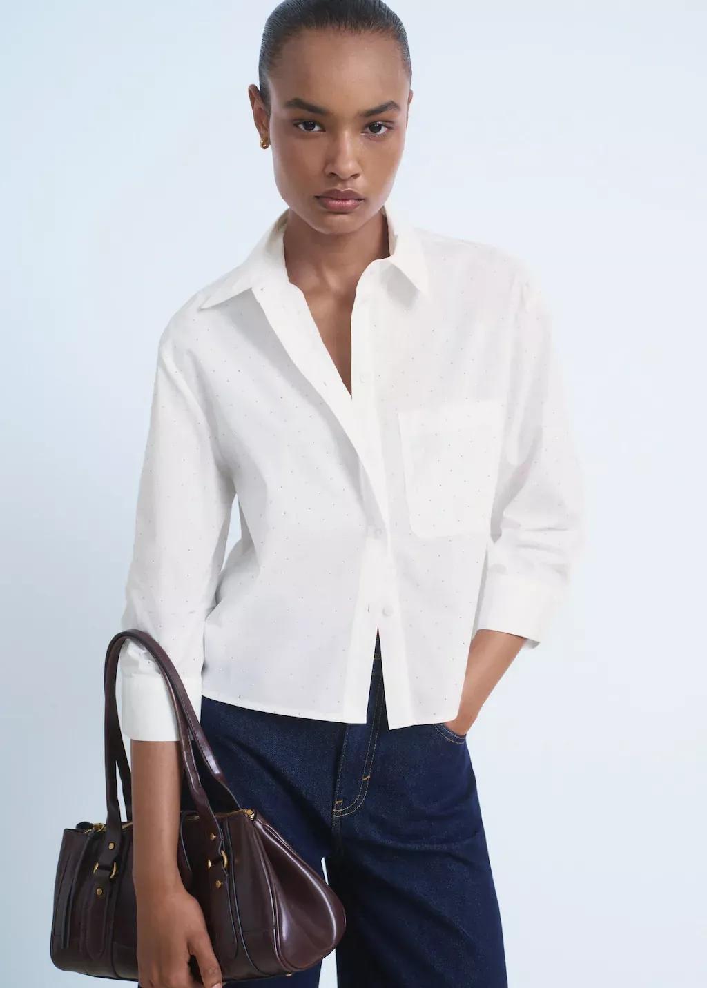 White Rhinestone Cropped Shirt, , large image number 2