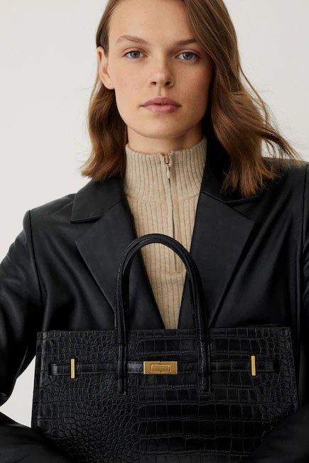 Black Croc-Effect Shopper Bag, Women, , large image number 0
