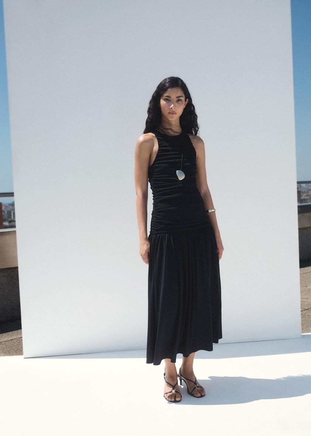 Black Gathered Midi-Dress, , large image number 1